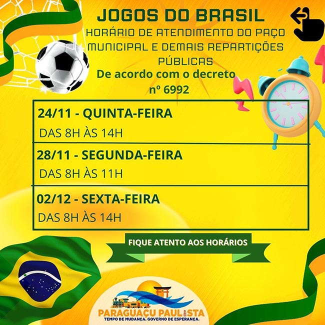 Prefeitura terá horários especiais em dias de jogos do Brasil na Copa do  Mundo