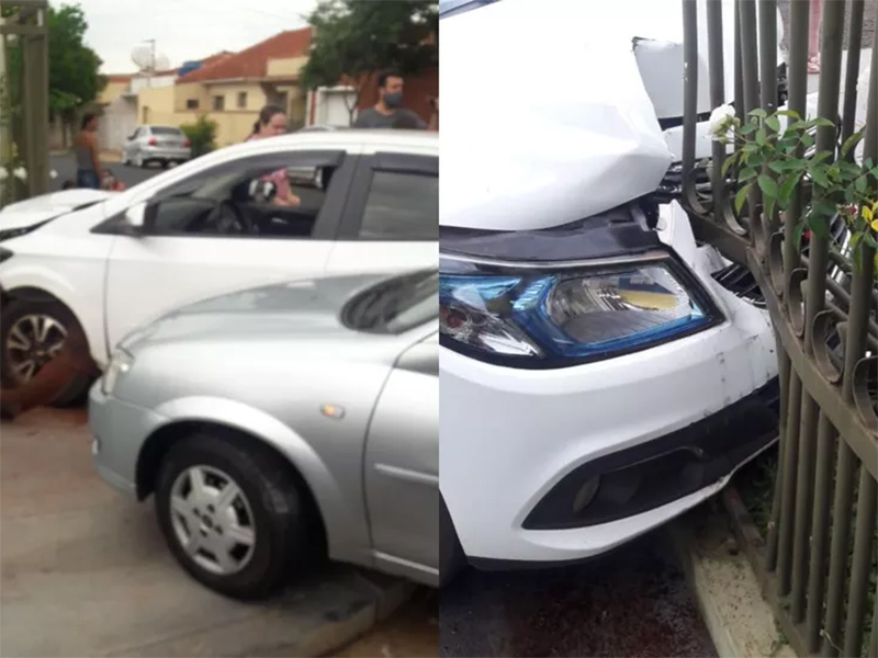 Carro atinge muro de casa após se envolver em colisão com outro veículo em Assis