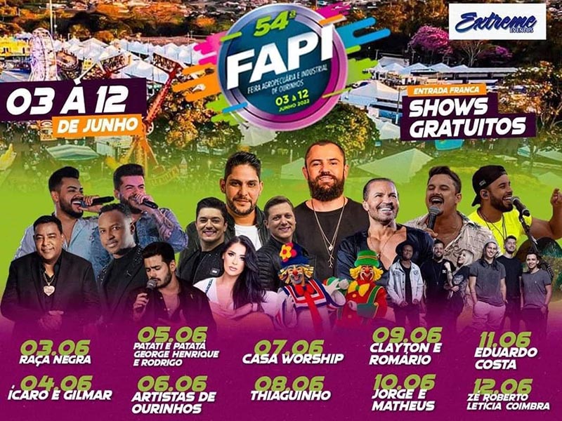 FAPI Ourinhos 2022 terá 10 dias de festa com shows de Thiaguinho, Jorge e Matheus e Eduardo Costa