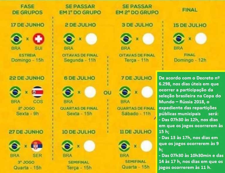 Prefeitura de Paraguaçu terá expediente até o meio-dia nesta quarta-feira, dia de jogo do Brasil