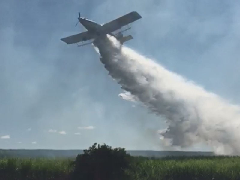 Caminhões-pipa e avião são utilizados para combater incêndio em canavial em Rancharia