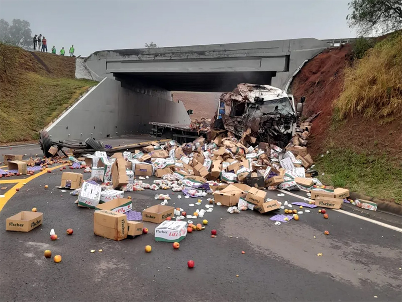 Caminhão cai de viaduto e deixa carga espalhada pela pista da Rodovia João Baptista Cabral Rennó