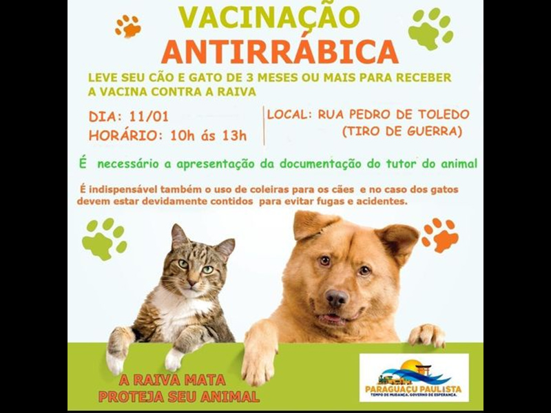 Paraguaçu Paulista realiza vacinação de cães e gatos nesta próxima quarta-feira (11)