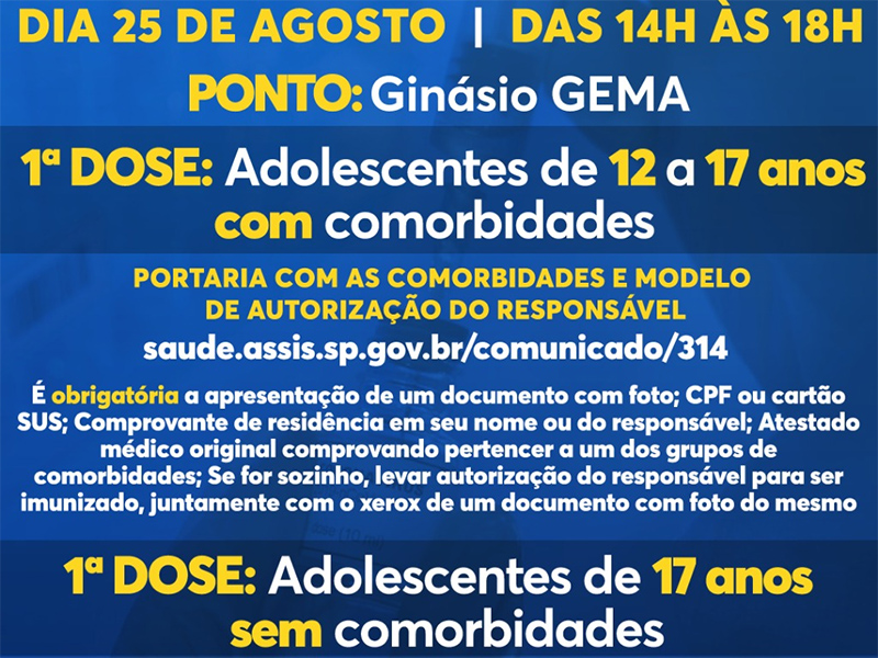 Jovens com 17 anos, sem comorbidades, serão imunizados contra COVID a partir desta quarta em Assis