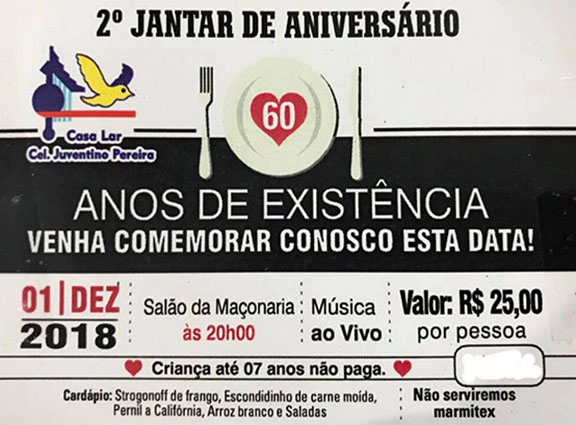 Casa Lar promove Jantar Beneficente em comemoração aos 60 anos da entidade