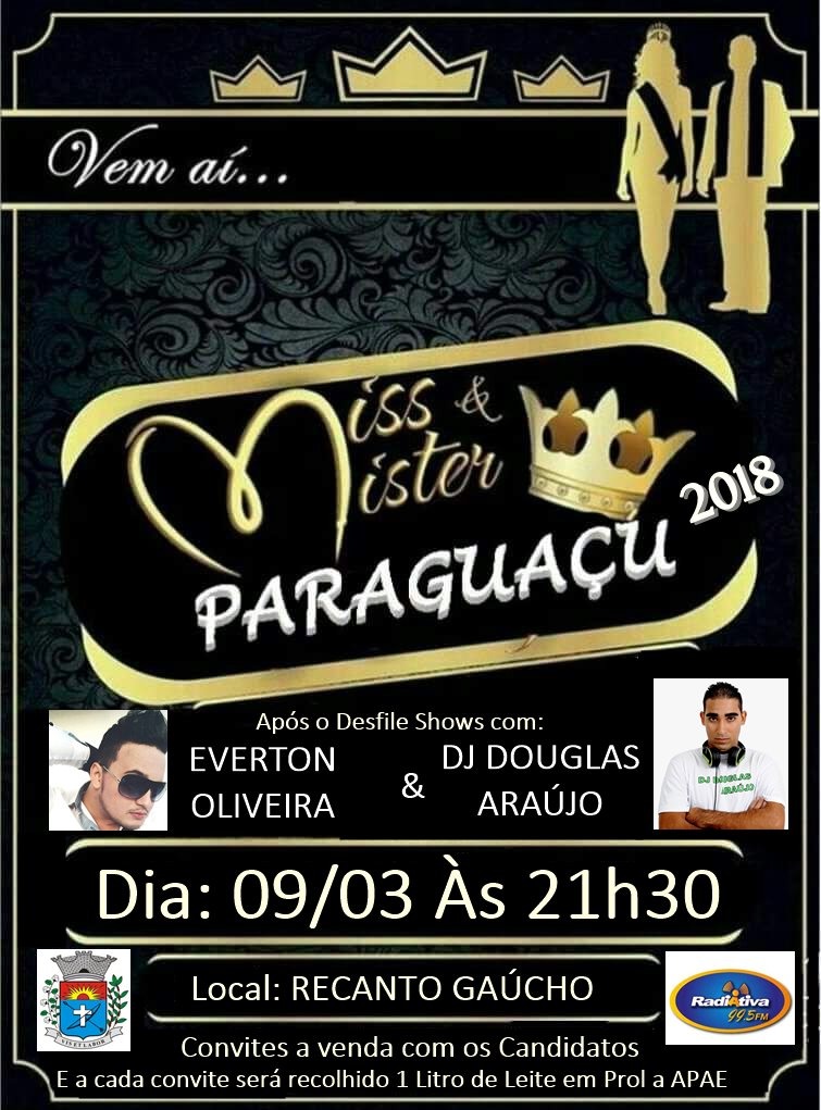 Ingressos para o Miss e Mister Paraguaçu 2018 já estão a venda