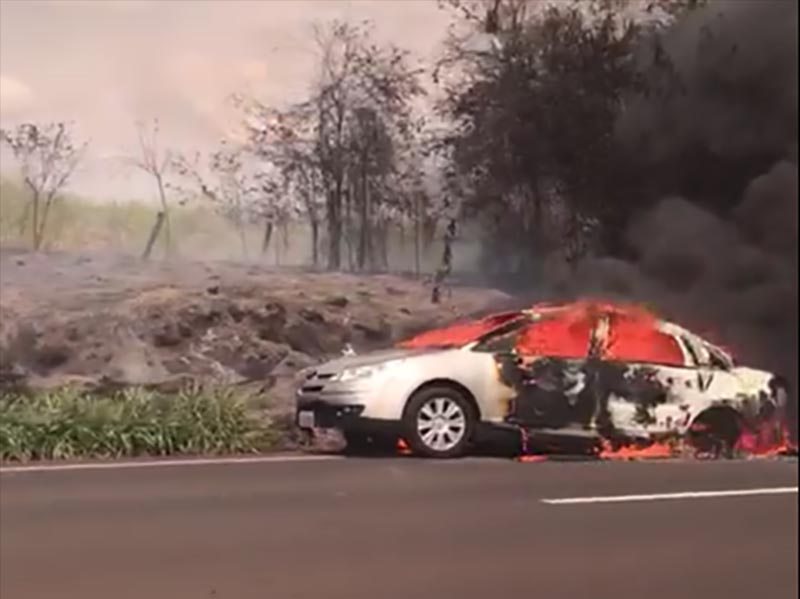 Veículo é destruído por fogo em rodovia de Paraguaçu