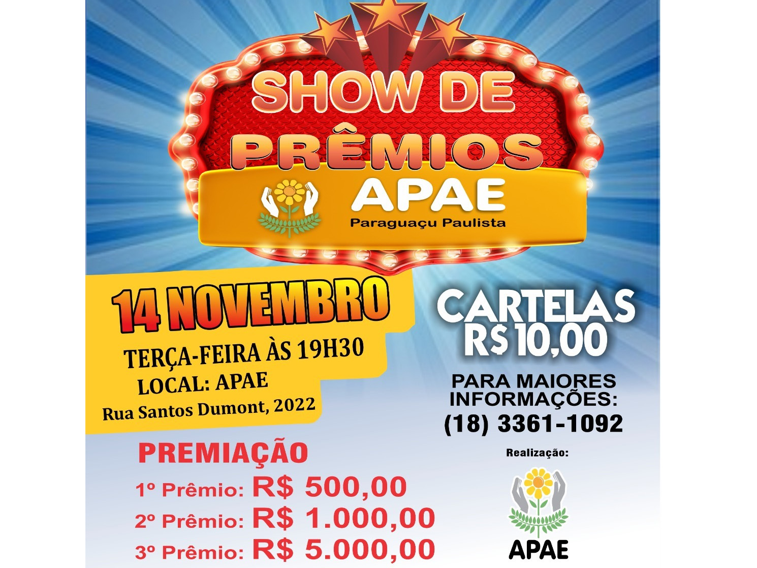 Tradicional Show de Prêmios da APAE será no dia 14 de novembro