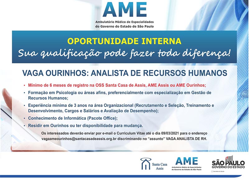 AME Ourinhos está contratando Analista de Recursos Humanos