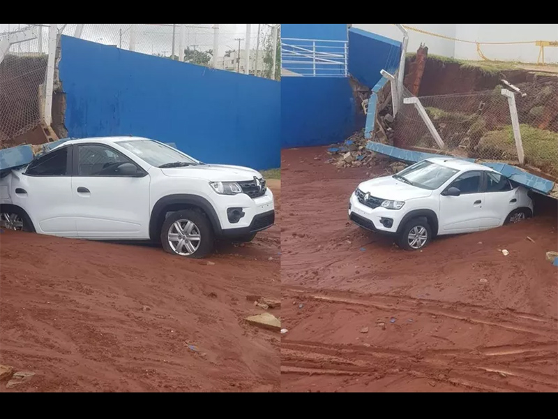 Muro do Centro de Especialidades de Ibitinga cai em cima de veículo durante tempestade