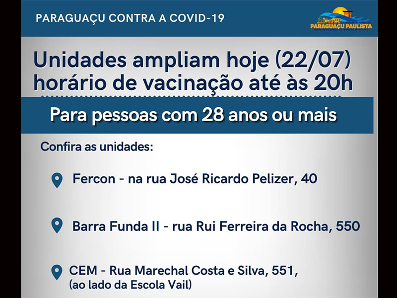 Unidades de Saúde estenderão horário nesta quinta (22), para vacinar 28 anos ou mais